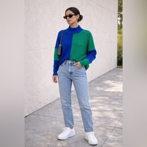 Cozy oversized Color-block Knit Sweater Blue Green - Hilos de Púrpura - Large